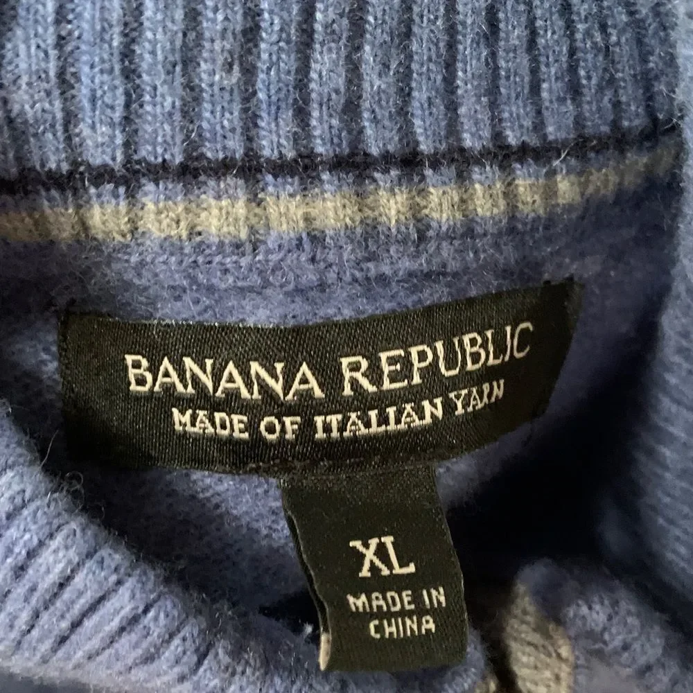 Banana Republic Men's Wool Blue Sweater with 3/4 Zip and Button Collar Size XL